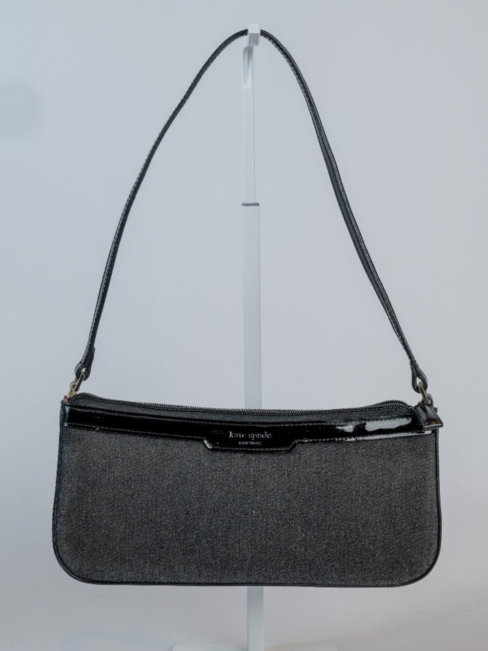 Kate Spade New York Metallic Silver Black Patent Leather Baguette Shoulder Bag